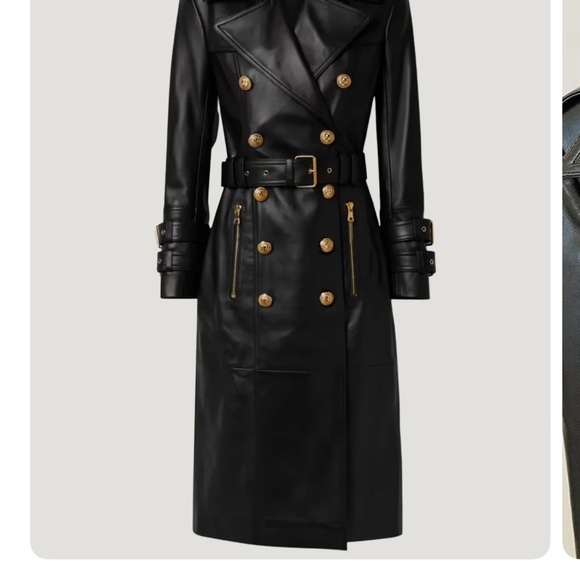 Black and gold button leather trench coat - Picture 5 of 6
